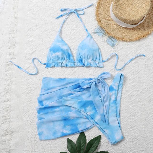 3 Piece Women Bikini Modern Swimsuit Women High Cut  Suit Halter Swimwear Women's Bikini Swimsuits With Wrap Skirt Lace Up Pieces Strings High Cut Bikini Set Bathing Suits Female Triangle Backless Bathing Suit Stevvex