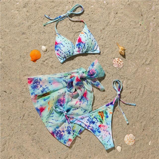3 Piece Women Bikini Modern Swimsuit Women High Cut  Suit Halter Swimwear Women's Bikini Swimsuits With Wrap Skirt Lace Up Pieces Strings High Cut Bikini Set Bathing Suits Female Triangle Backless Bathing Suit Stevvex