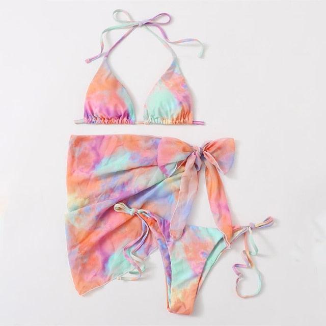 3 Piece Women Bikini Modern Swimsuit Women High Cut  Suit Halter Swimwear Women's Bikini Swimsuits With Wrap Skirt Lace Up Pieces Strings High Cut Bikini Set Bathing Suits Female Triangle Backless Bathing Suit Stevvex