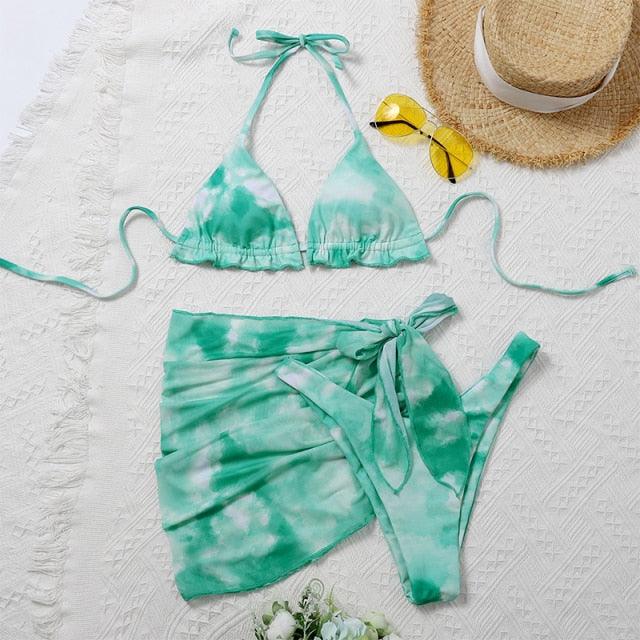 3 Piece Women Bikini Modern Swimsuit Women High Cut  Suit Halter Swimwear Women's Bikini Swimsuits With Wrap Skirt Lace Up Pieces Strings High Cut Bikini Set Bathing Suits Female Triangle Backless Bathing Suit Stevvex