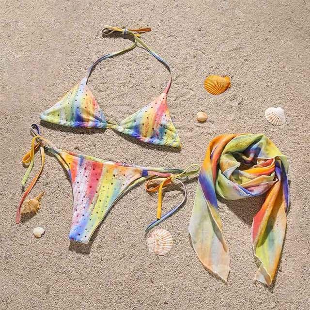 3 Piece Women Bikini Modern Swimsuit Women High Cut  Suit Halter Swimwear Women's Bikini Swimsuits With Wrap Skirt Lace Up Pieces Strings High Cut Bikini Set Bathing Suits Female Triangle Backless Bathing Suit Stevvex