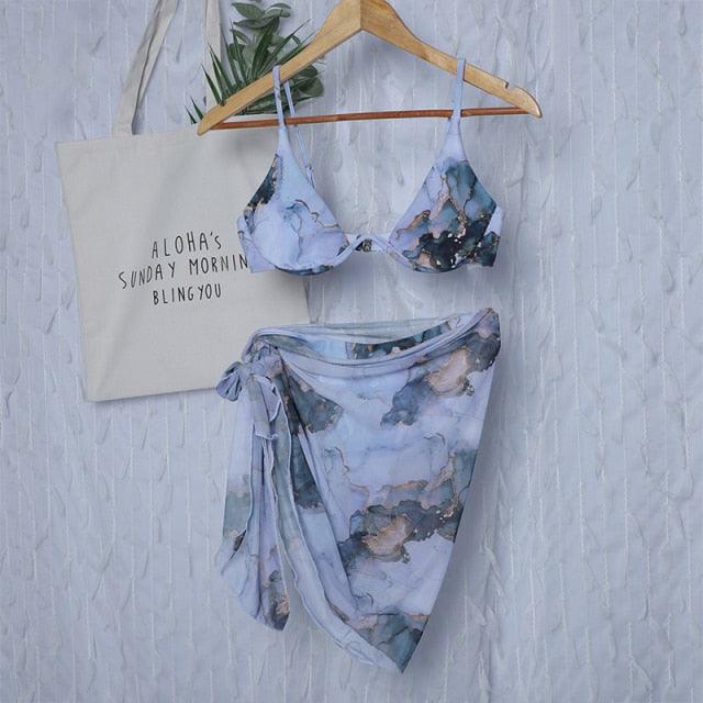 3 Piece Women Bikini Modern Swimsuit Women High Cut  Suit Halter Swimwear Women's Bikini Swimsuits With Wrap Skirt Lace Up Pieces Strings High Cut Bikini Set Bathing Suits Female Triangle Backless Bathing Suit Stevvex