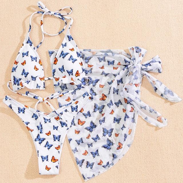 3 Piece Women Bikini Modern Swimsuit Women High Cut  Suit Halter Swimwear Women's Bikini Swimsuits With Wrap Skirt Lace Up Pieces Strings High Cut Bikini Set Bathing Suits Female Triangle Backless Bathing Suit Stevvex