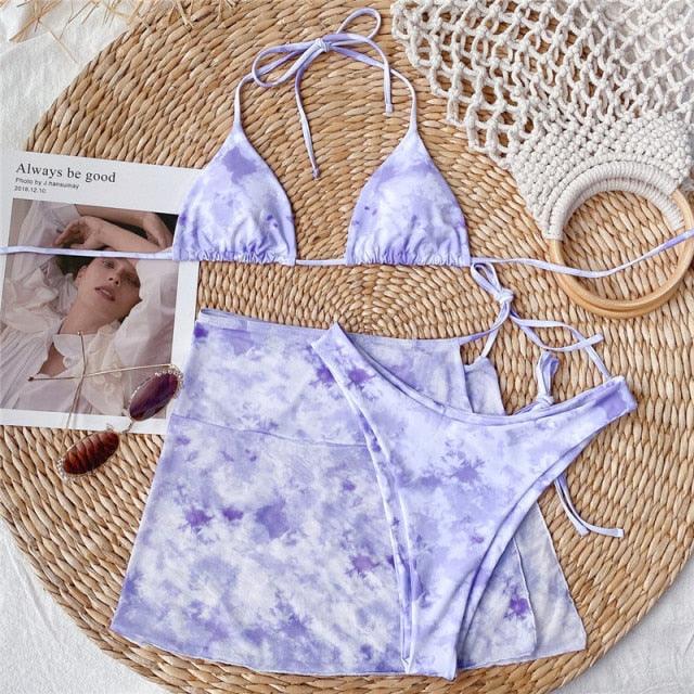 3 Piece Women Bikini Modern Swimsuit Women High Cut  Suit Halter Swimwear Women's Bikini Swimsuits With Wrap Skirt Lace Up Pieces Strings High Cut Bikini Set Bathing Suits Female Triangle Backless Bathing Suit Stevvex