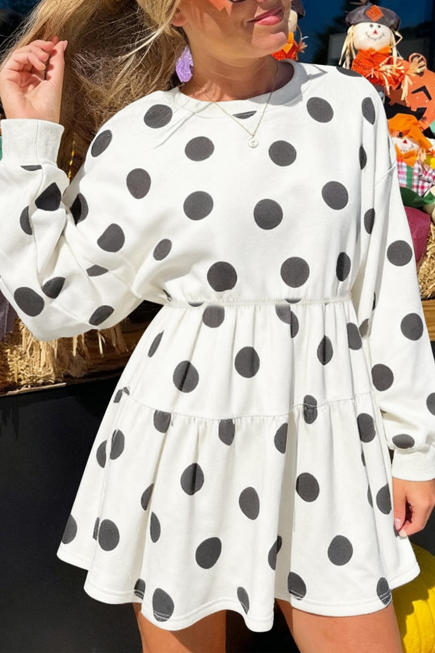 Pink Polka Dot Printed Long Sleeve Flared Mini Dress Shewin