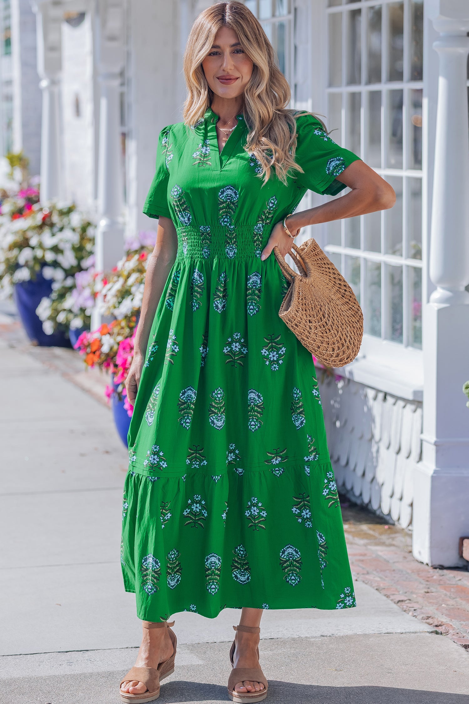 White Floral Print Split Neck Shirred High Waist Ruffle Hem Maxi Dress