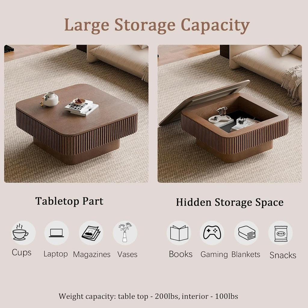 Walnut Square Coffee Table Featuring Concealed Storage