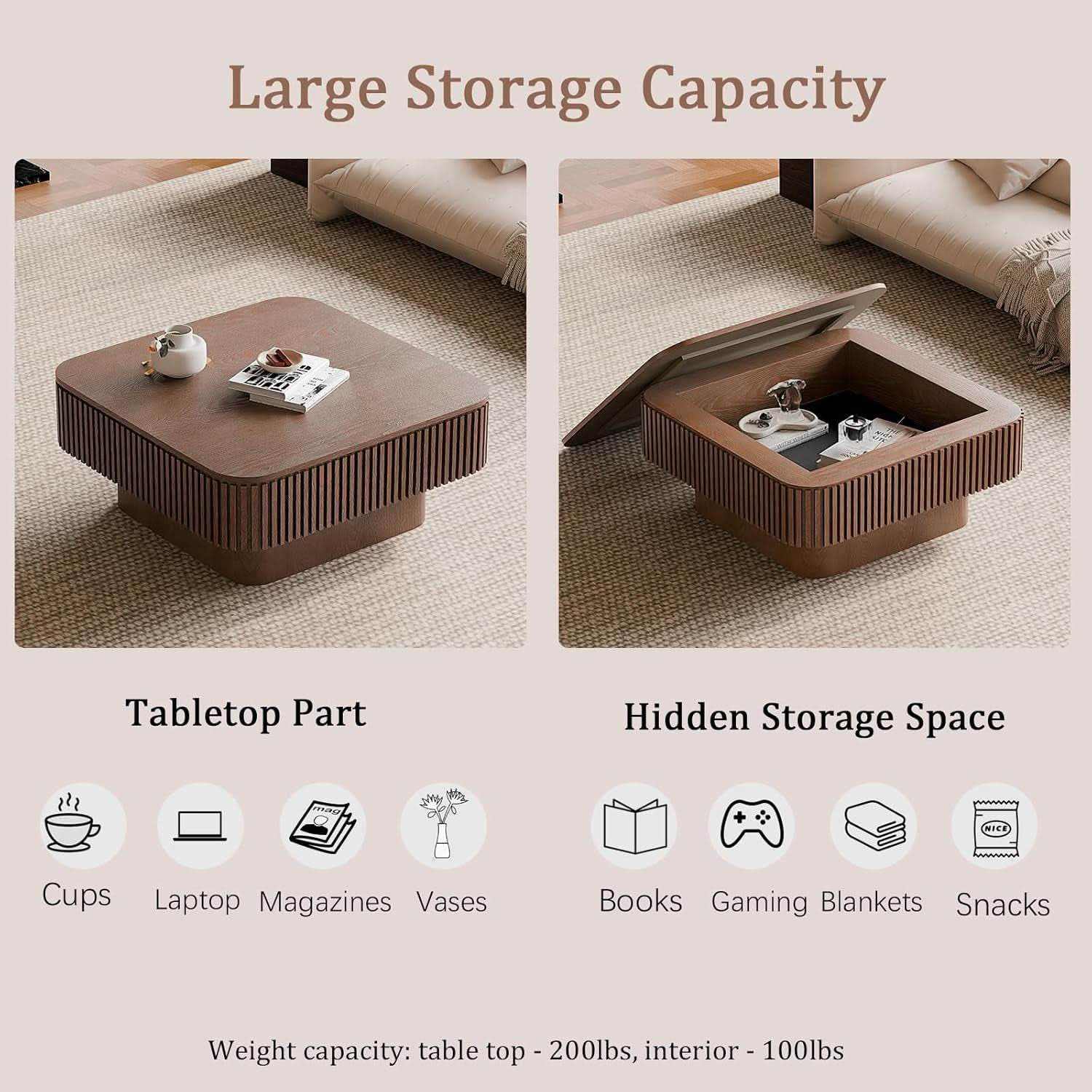 Walnut Square Coffee Table Featuring Concealed Storage