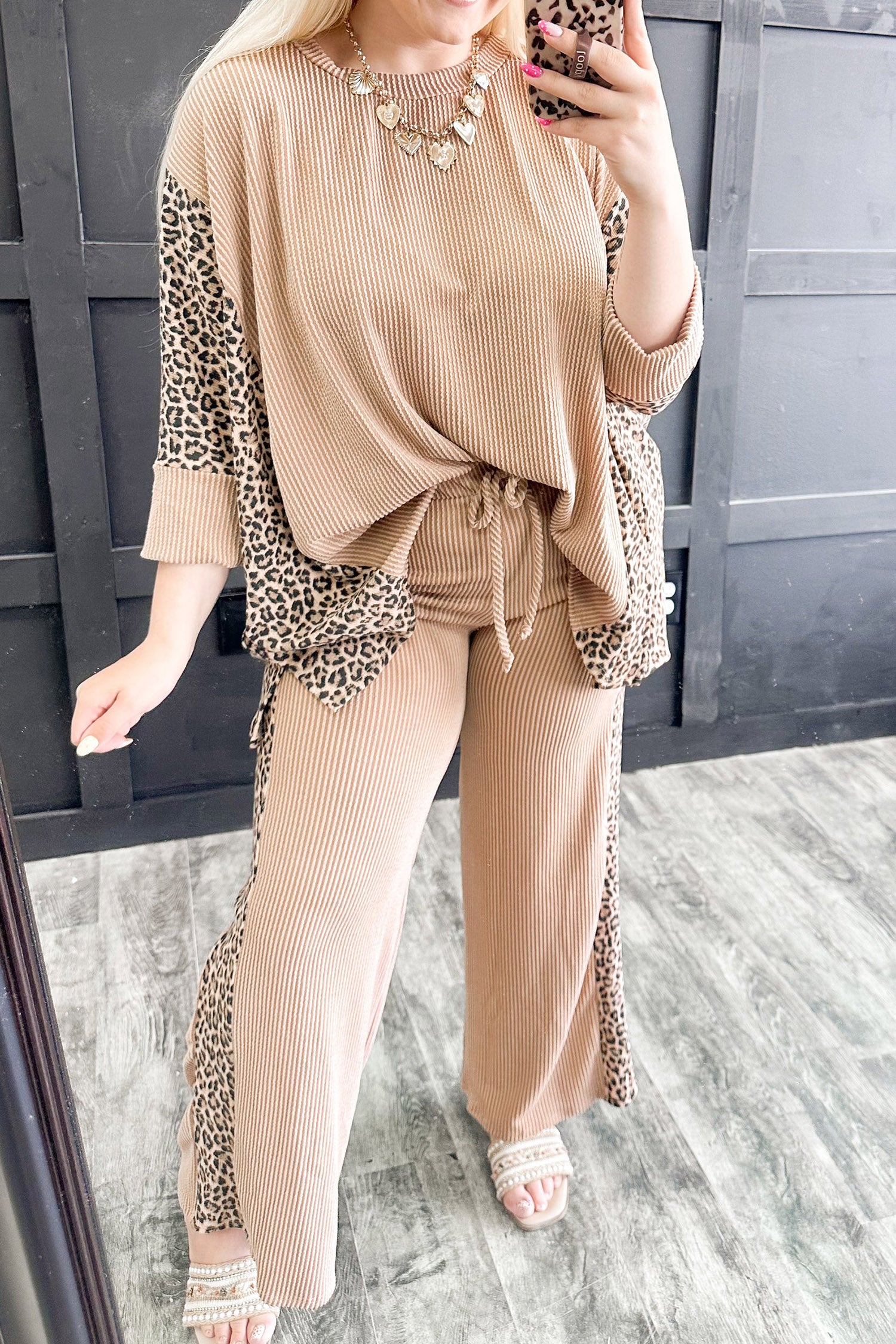 Light French Beige Leopard Print Ribbed Twist Long Sleeve Top Pants Plus Size Set