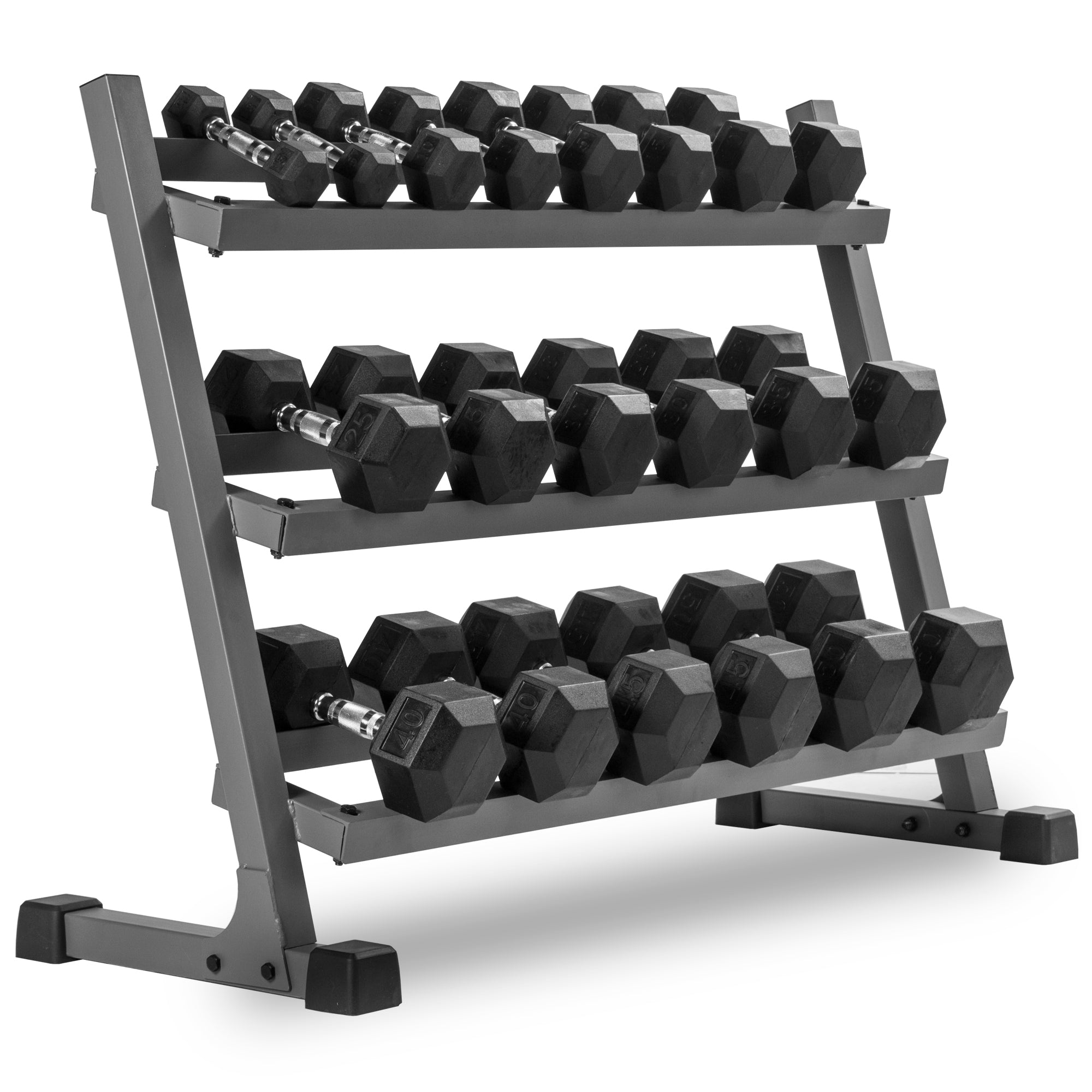 5-50 lb Rubber Hex Dumbbell Set with Commercial 3-Tier Storage Rack XMARK