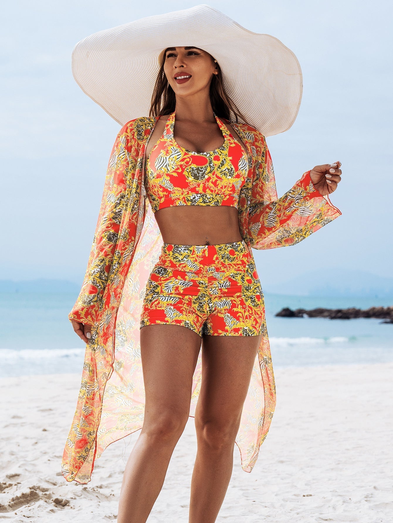 Multi-Color Print Bikini Three-Piece Set – Padded Swimwear for Women FitiqueFit