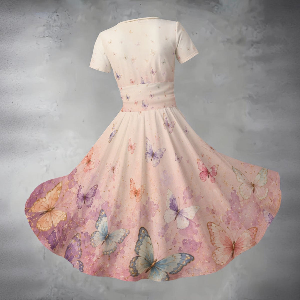 All-over Print Women's Short Sleeve V Neck Midi Dress