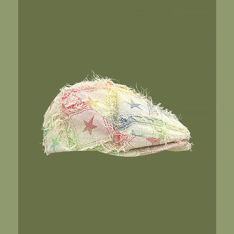 Colorful Plaid Star Distressed Beret — Korean Style Five-Pointed Hat FitiqueFit