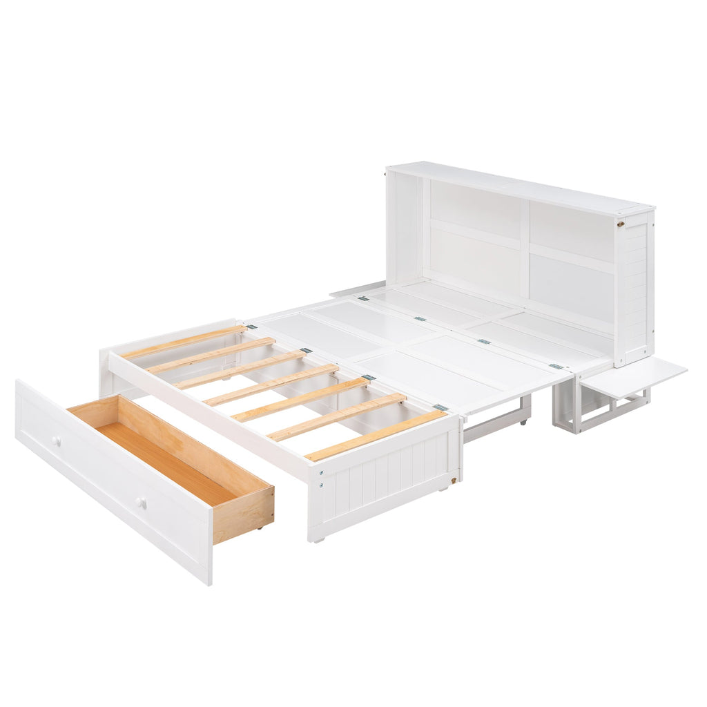 Queen Size Mobile Murphy Bed with Drawer and Little Shelves on Each Side White