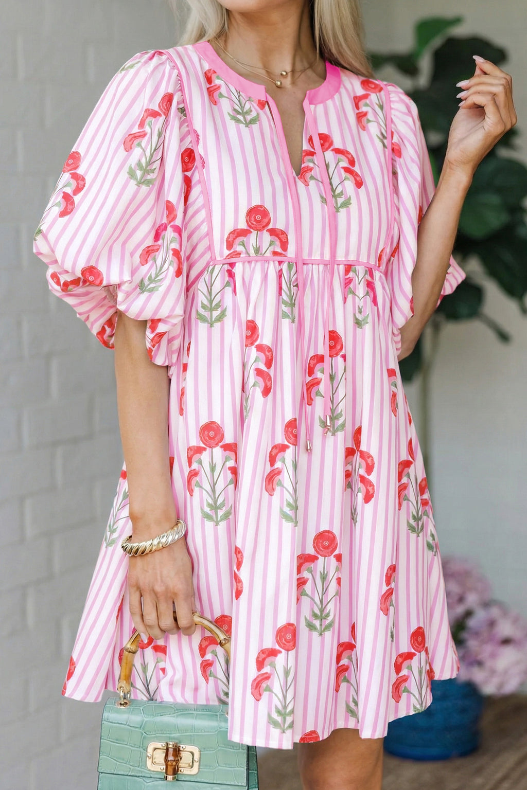 Sky Blue Floral Striped Print Tie Notched Neck Puff Sleeve Flared Mini Dress