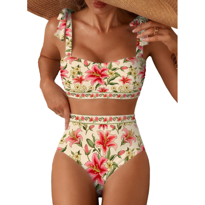 Tie-Shoulder Striped High-Waisted Bikini Set – Two-Piece Swimsuit for Women FitiqueFit