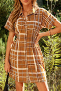 Brown Striped/ Polka Dot/ Plaid Pattern Shirred Waist Short Sleeve Shift Dress