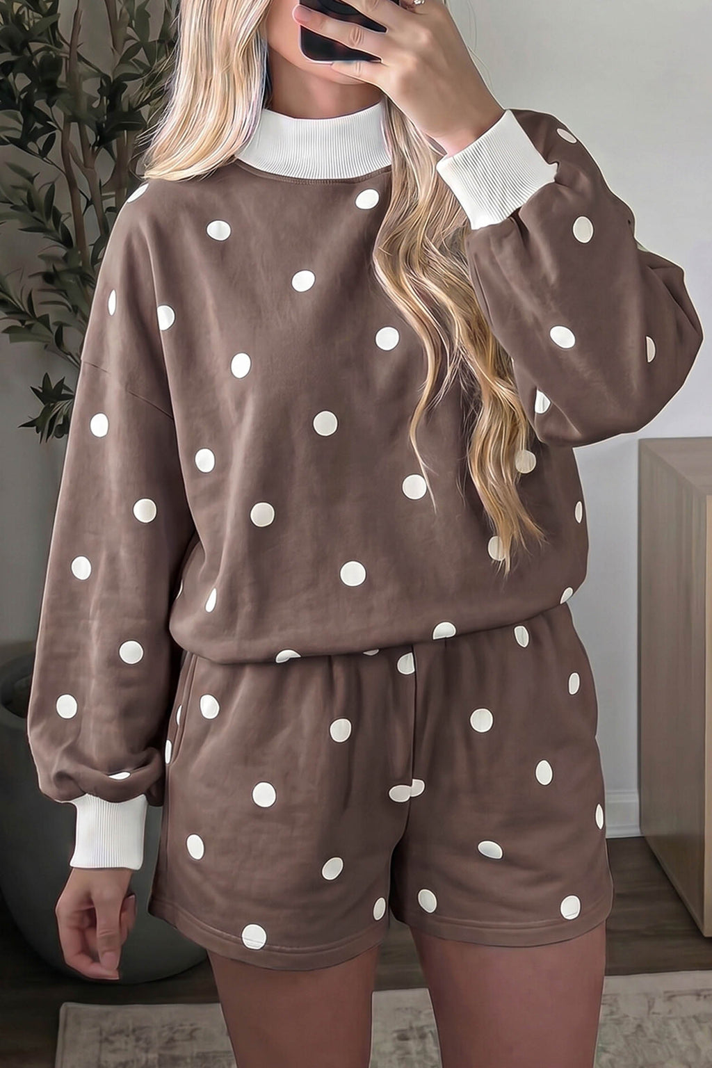 Brown Polka Dot Ribbed Trim Long Sleeve Top Casual Short Set