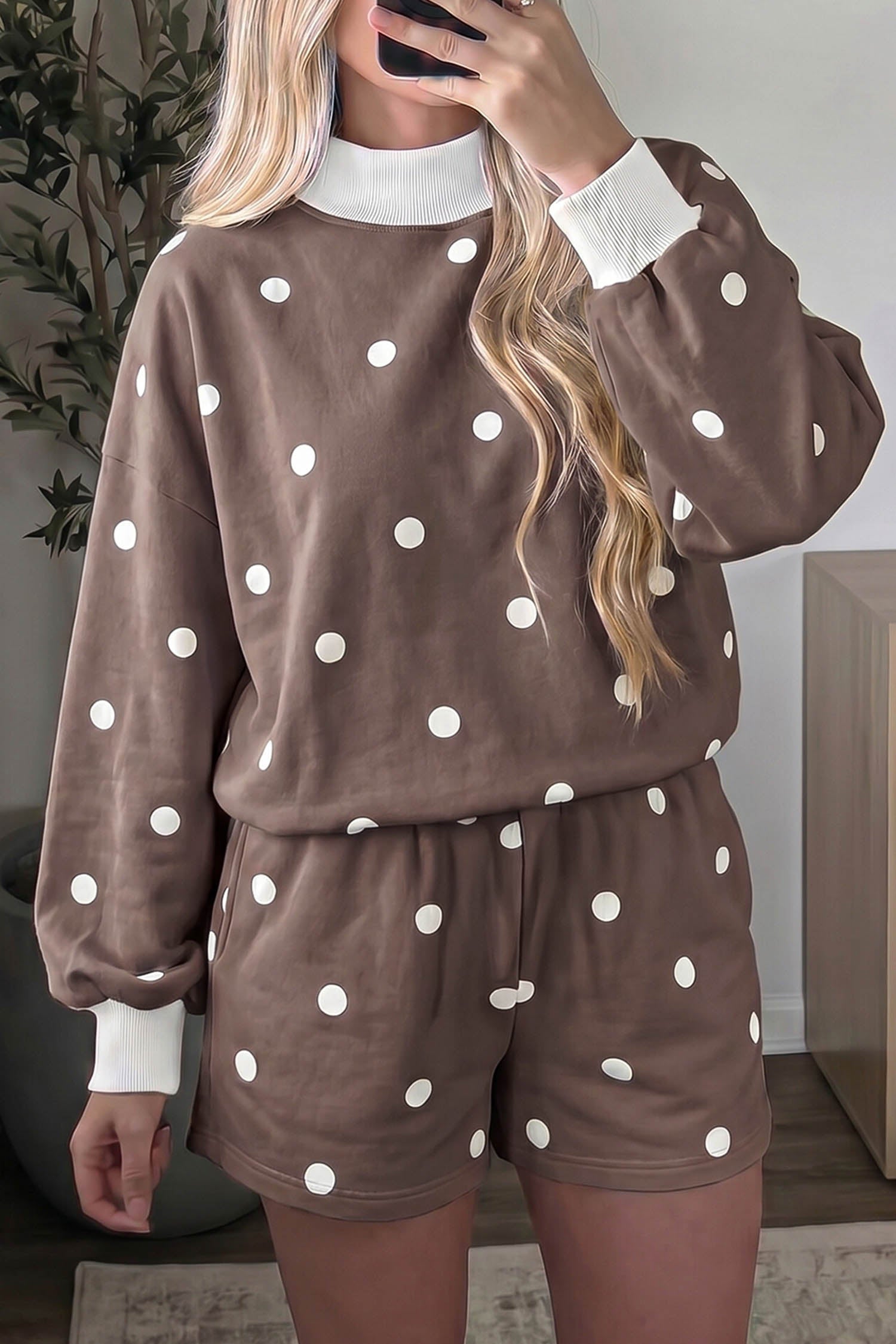 Brown Polka Dot Ribbed Trim Long Sleeve Top Casual Short Set