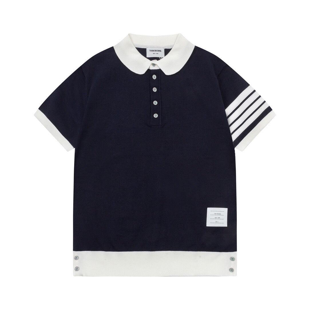 Thom Browne Navy Blue & White T-Shirt with Collar Banlieue91