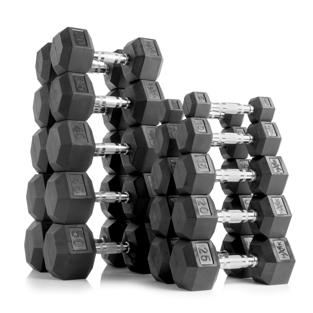 5-50 lb Rubber Hex Dumbbell Set with Commercial 3-Tier Storage Rack
