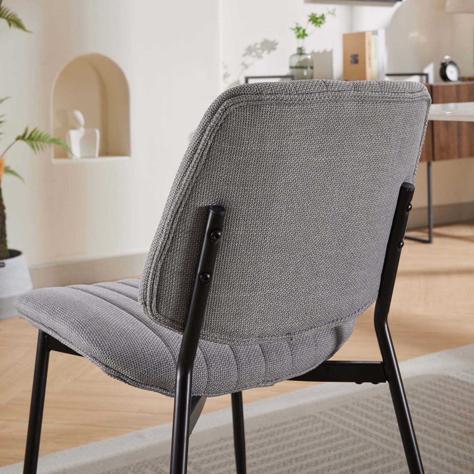 2-piece retro linen chair set with curved wooden backrest, cushioned seat, adjustable metal legs, (gray linen)