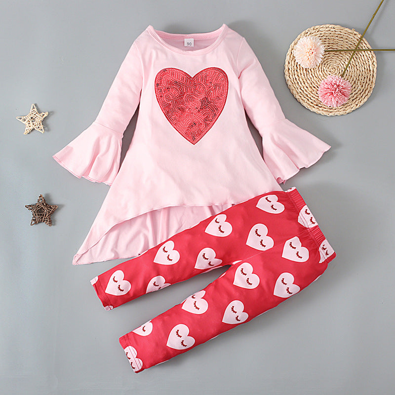 Fashion Flared Sleeve Top Trousers Love Pattern Two-piece Suit