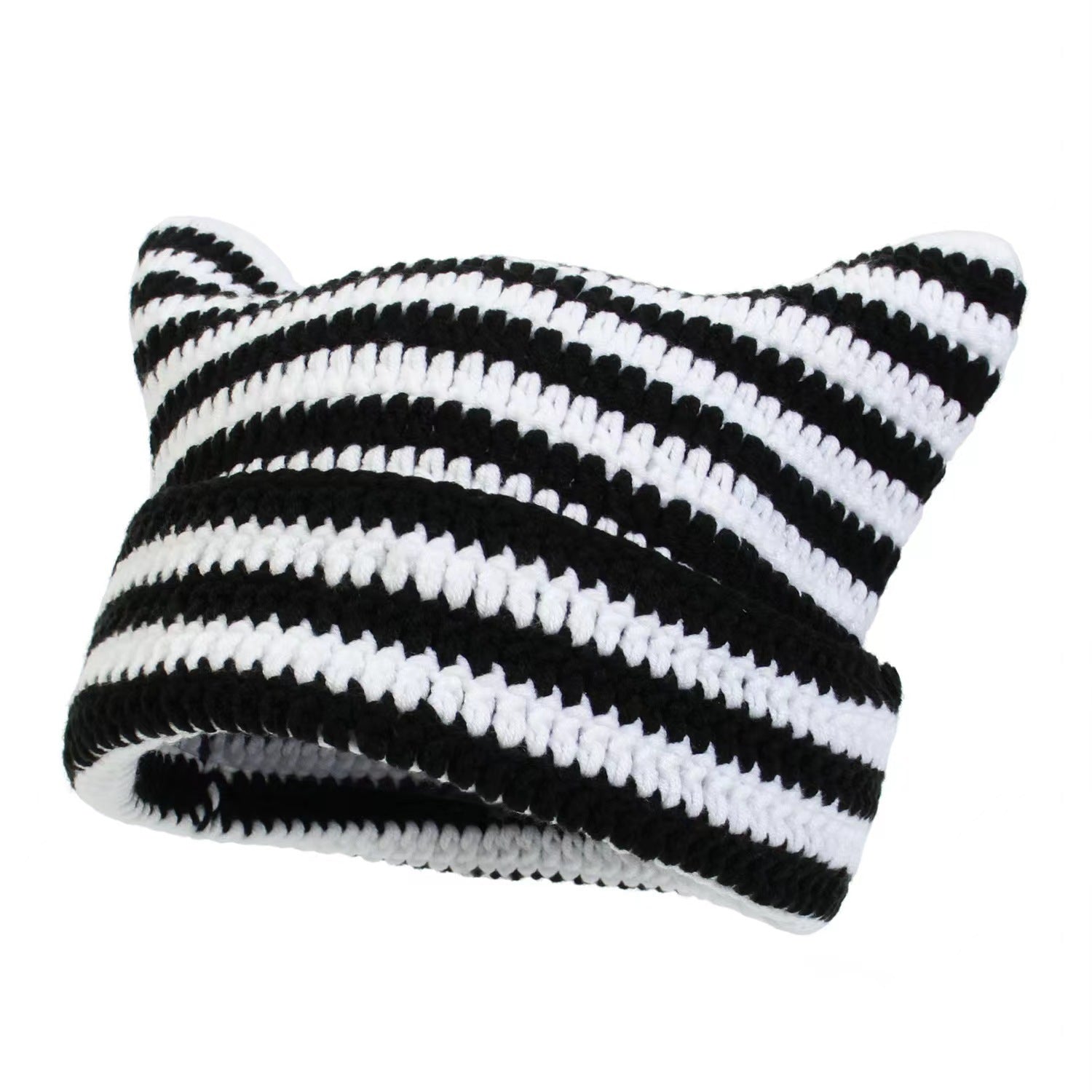 Women’s Hand Knitted Striped Cat Hat – Cute Warm Winter Beanie FitiqueFit