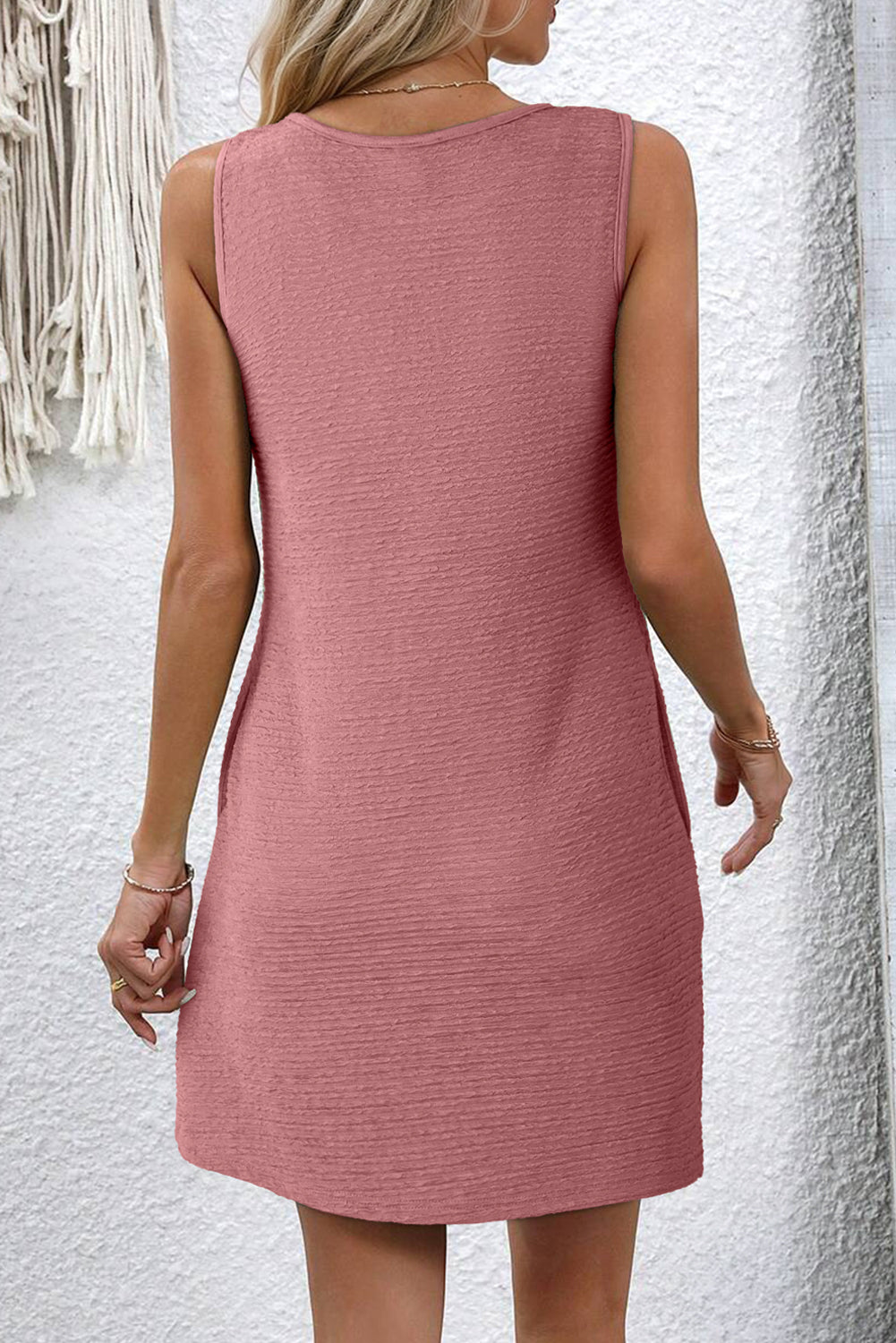 Black Solid Color Textured Lace Hollowed Detail Sleeveless Mini Dress