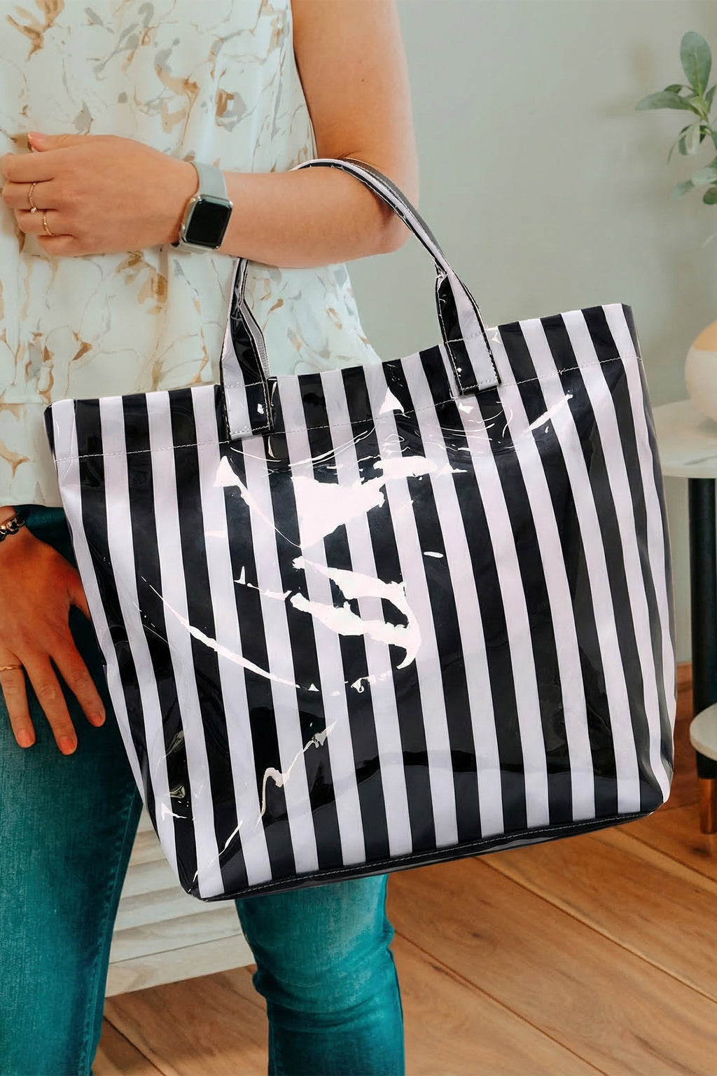 Red Glossy Striped Vinyl Large Tote Bag (Color Varied) Shewin