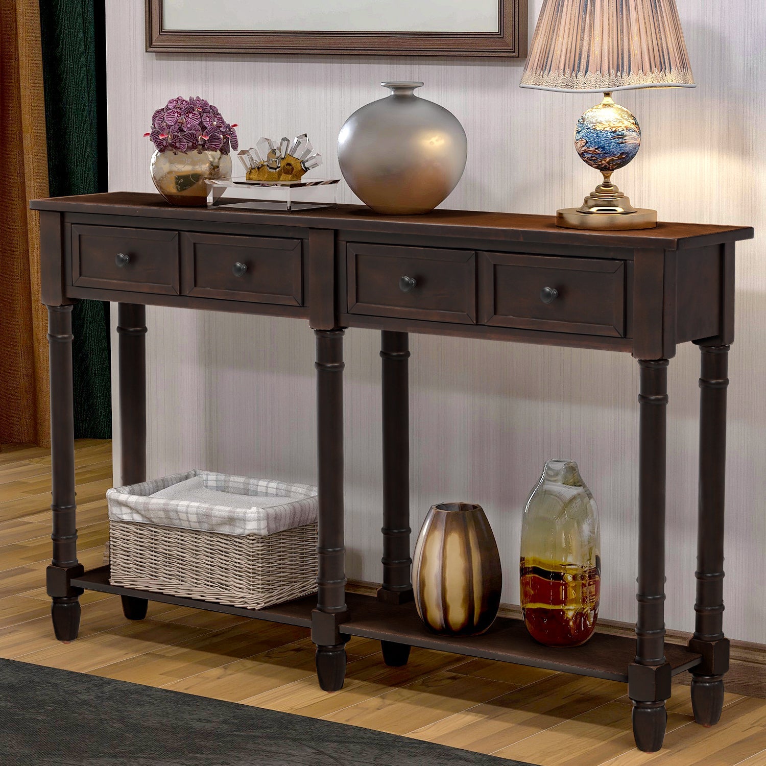 TREXM Console Table Sofa Table Easy Assembly with Two Storage Drawers and Bottom Shelf for Living Room Entryway (Espresso)