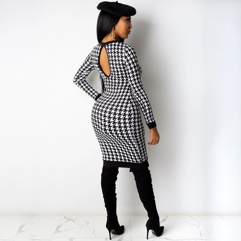 Long-sleeved Round-neck Back Cut-out Dress