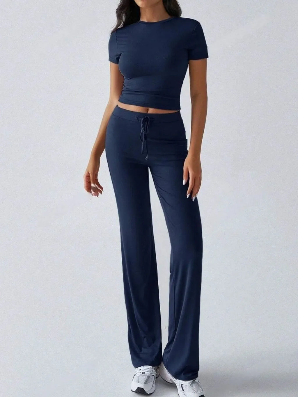 Round Neck Short Sleeve Top and Pants Set