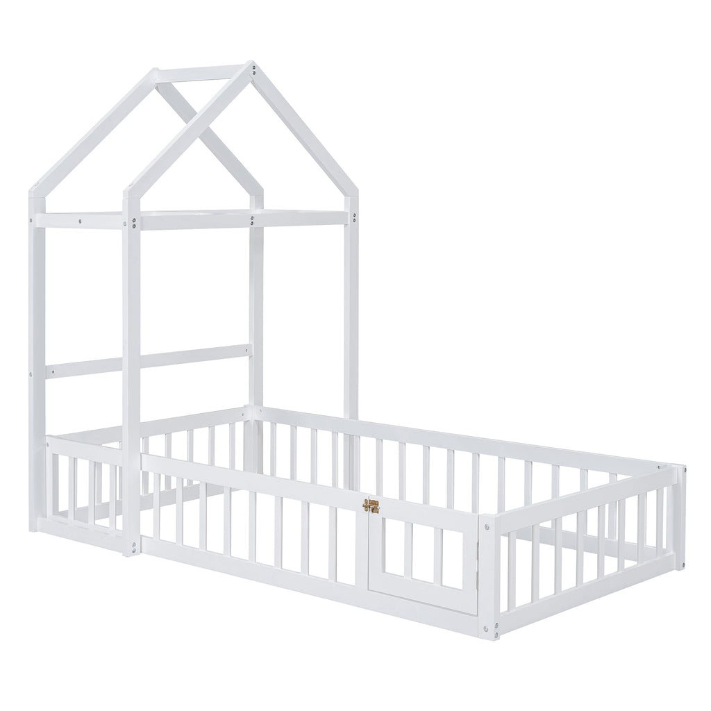 Wooden Twin Size Children's Bed with Detachable Headboard and Integrated Clothes Drying Rack, White