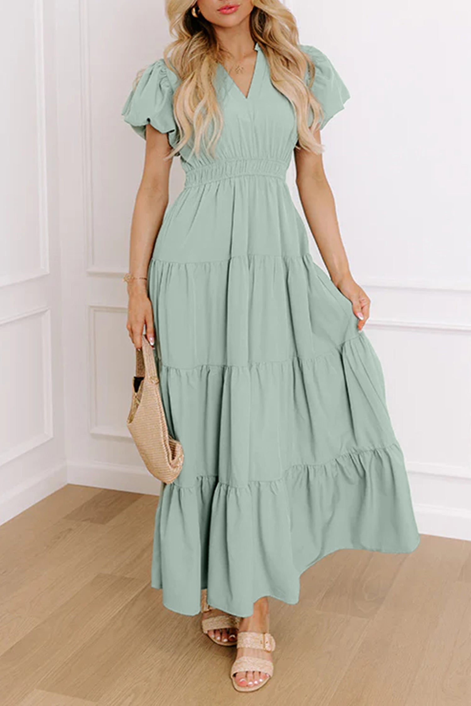 Lavendula Solid Color V Neck Short Puff Sleeve High Waist Tiered Maxi Dress Shewin