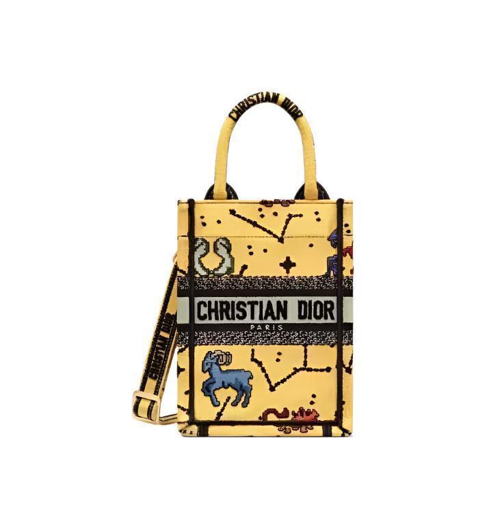 Christian Dior Canvas Embroidered Pixel Zodiac Mini Book Tote Phone Bag in Latte Multicolor Banlieue91