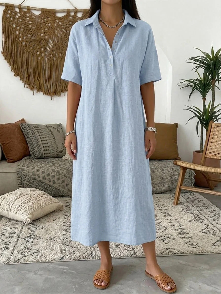Women's Linen Blend Short Sleeve Polo Neck Maxi Dress FitiqueFit