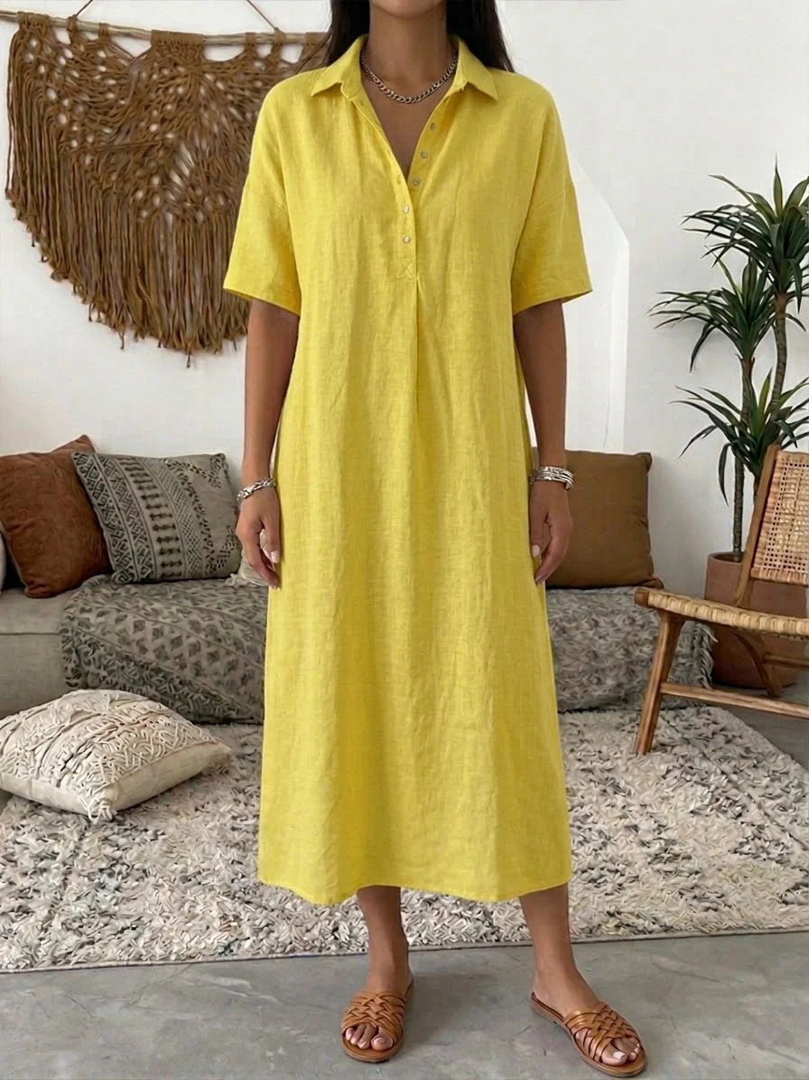 Women's Linen Blend Short Sleeve Polo Neck Maxi Dress FitiqueFit