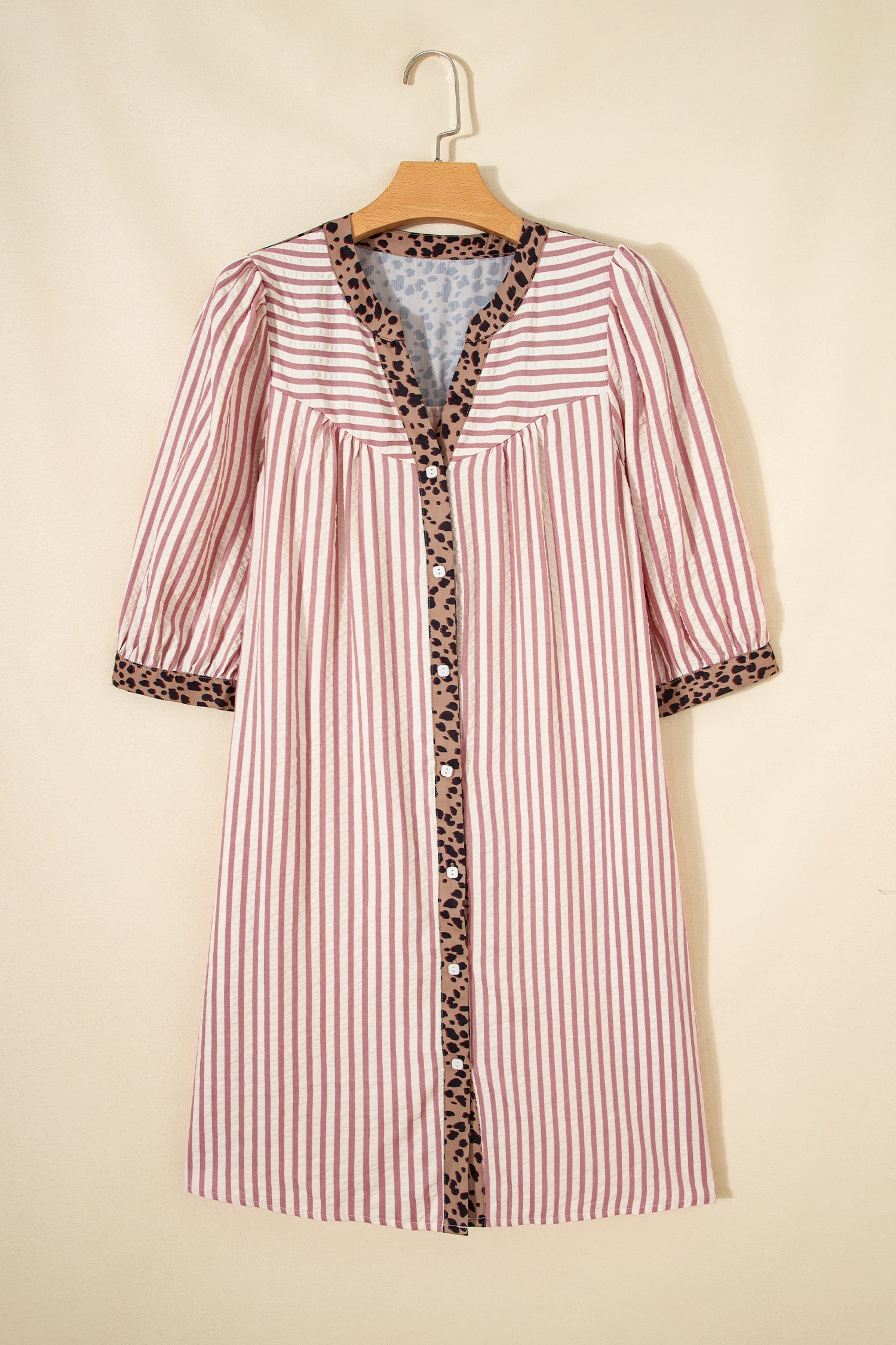 Khaki Stripe Square Button Leopard Trim Loose Bracelet Sleeve Shirt Dress