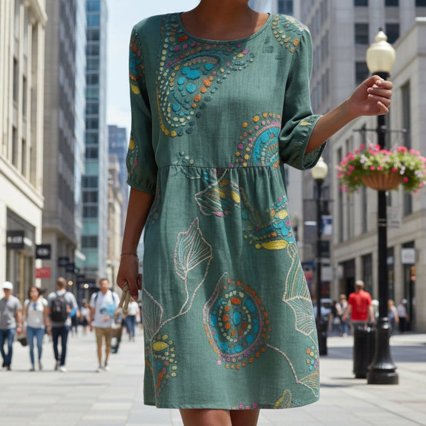 Women's 3D Floral Print Long-Sleeve A-Line Dress – Crew Neck Loose Fit FitiqueFit