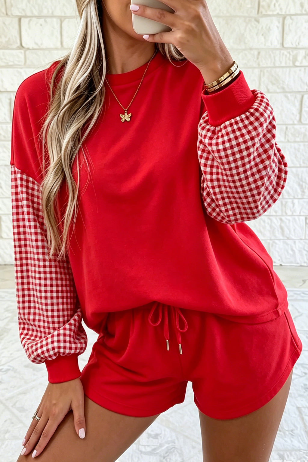 Red Plaid Patchwork Long Sleeve Top Solid Drawstring Shorts Set