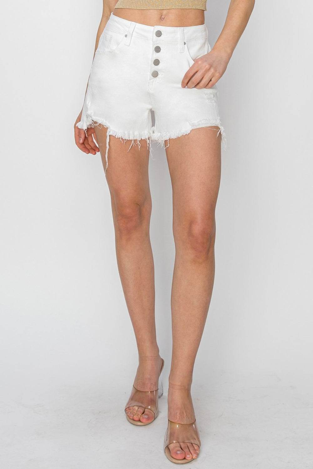 RISEN Button Fly Frayed Hem Denim Women Shorts