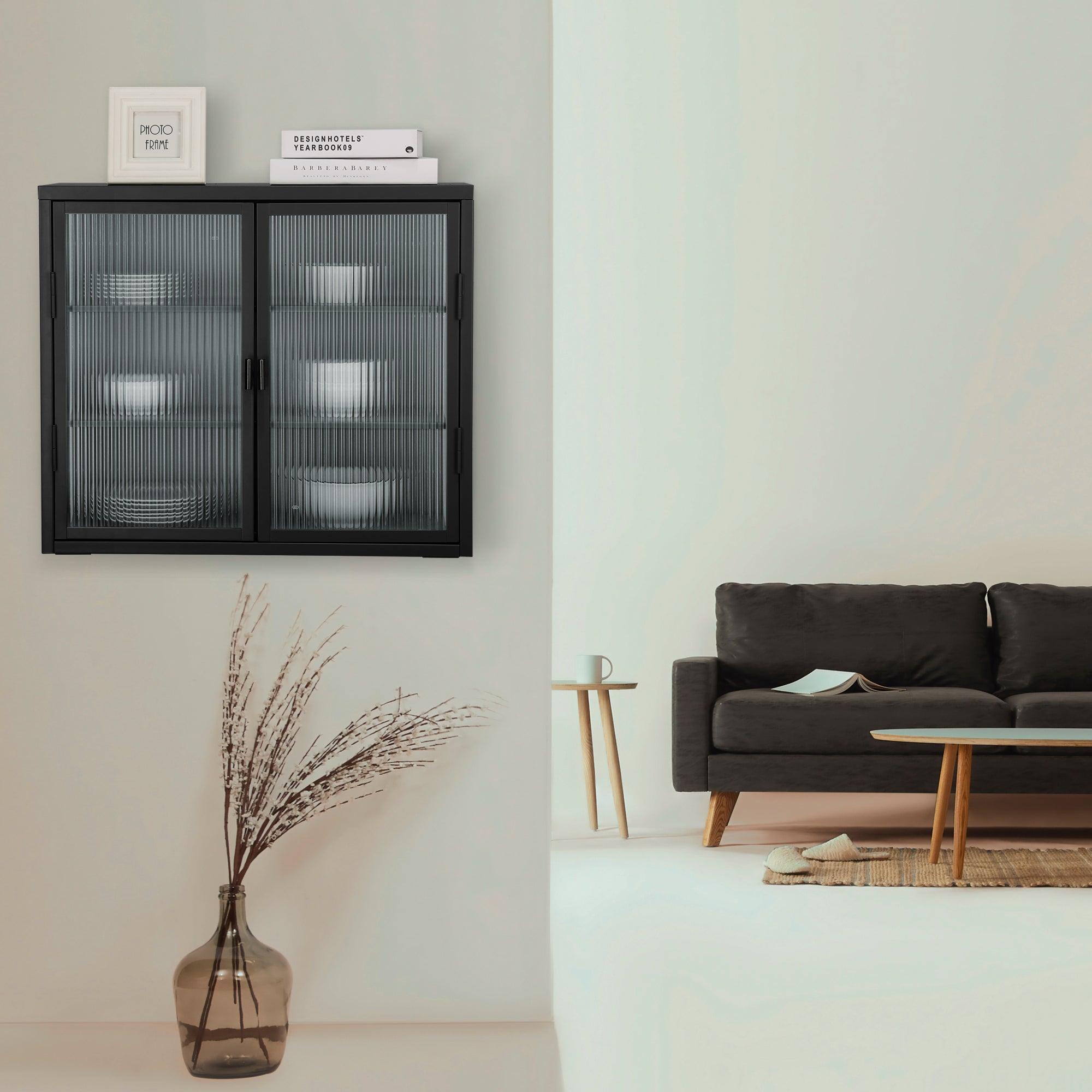 Retro Style Haze Double Glass Door Wall Cabinet With Detachable Shelves for Office Dining Room Living Room