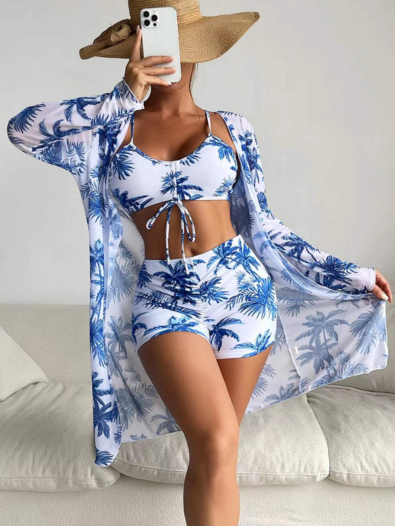 Mesh Cover-Up Three-Piece Swimwear Set – Bikini with Leg-Length Briefs FitiqueFit