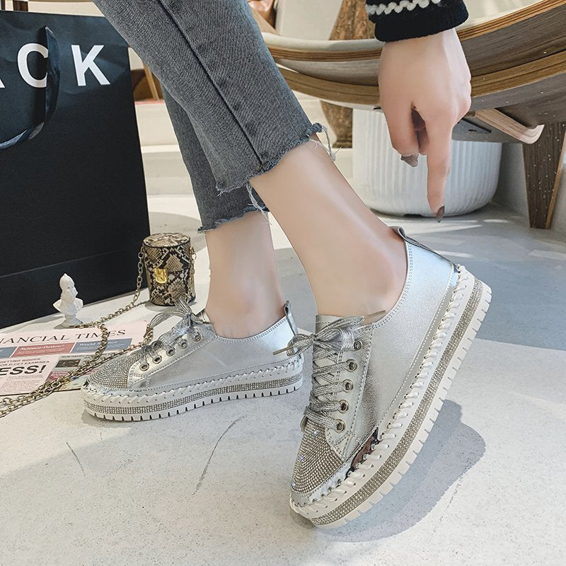 Womens Leopard Sneakers Women Canvas Shoes Leisure Lace-Up Sneakers Rhinestone Shiny Flat Charming Shoes Platform Leisure Low Sneakers Stevvex