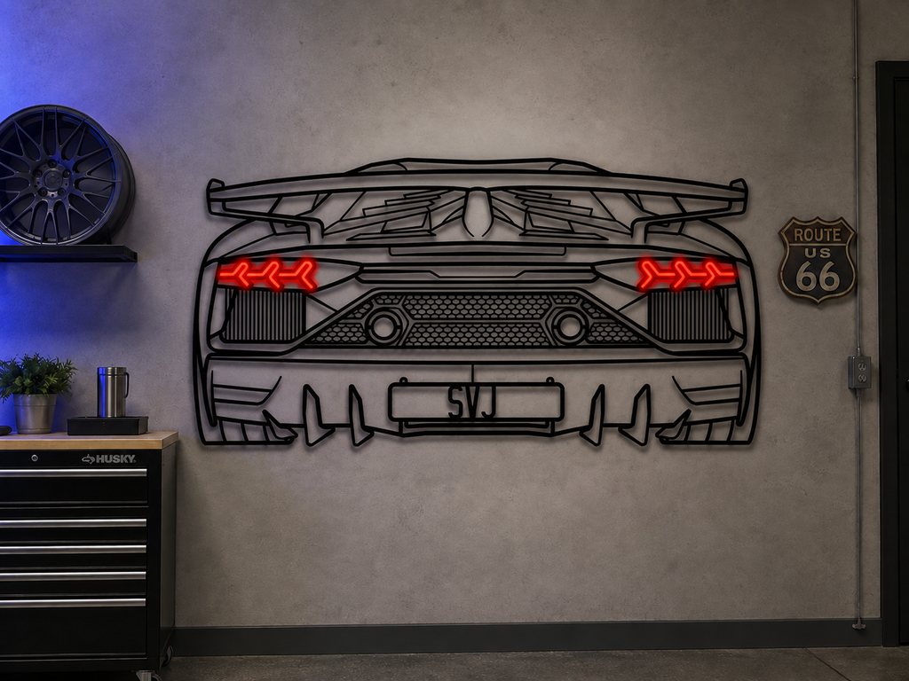 Aventador SVJ Back View Metal Neon Car Wall Art - MTN0262 Modello Turbo