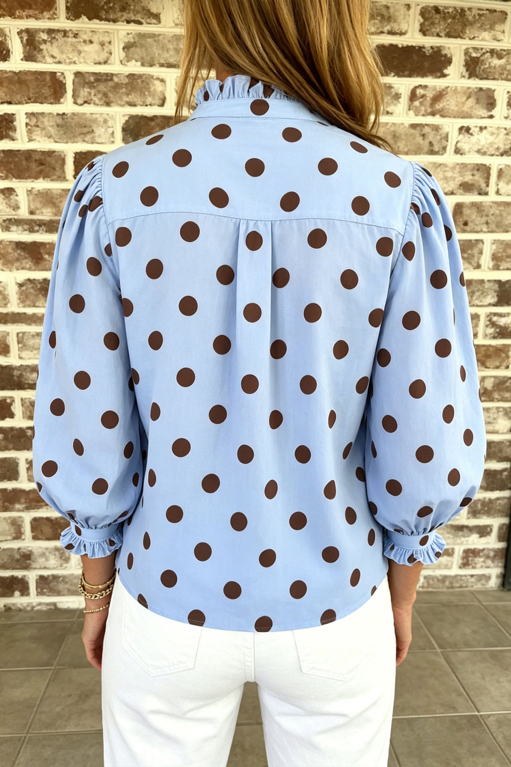 Sky Blue Polka Dot Striped Print Ruffle Stand Neck 3/4 Sleeve Shift Shirt