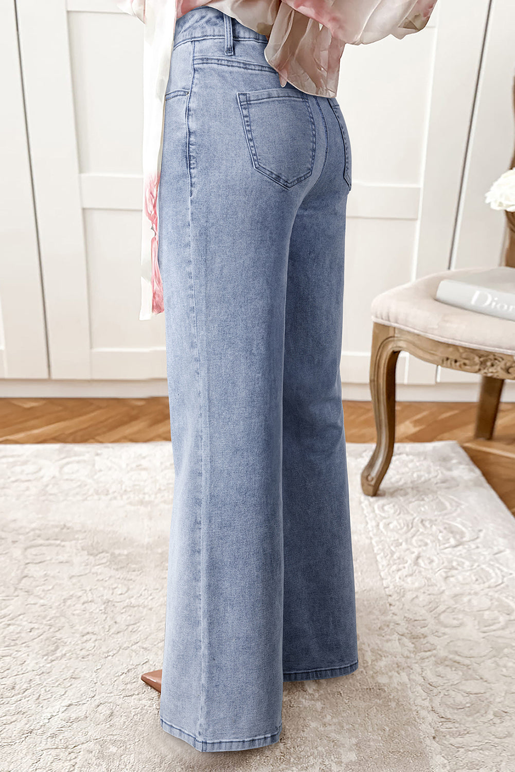 Beau Blue Button Zip High Waist Flared Hem Jeans Shewin