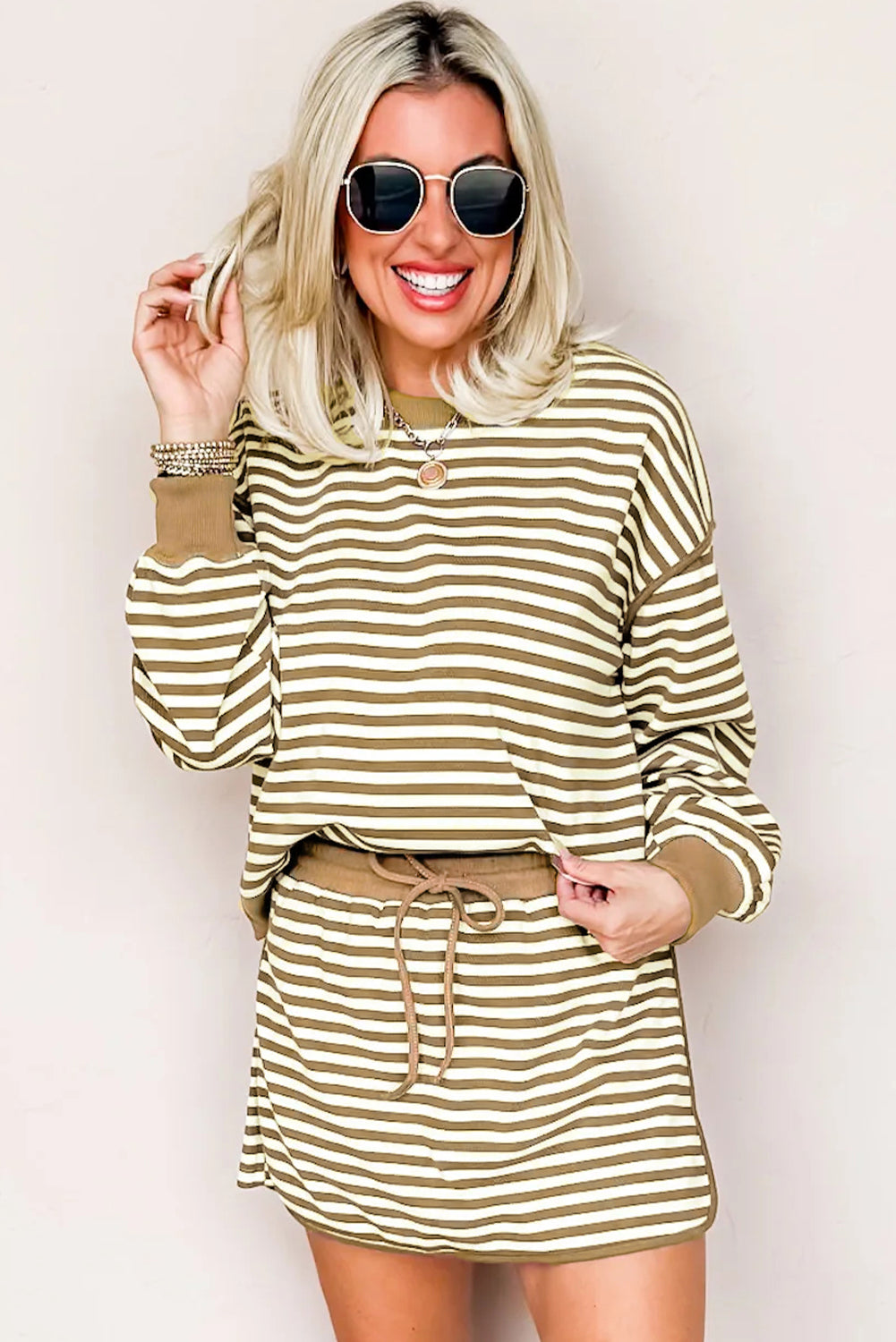 Black Stripe Textured Drop Shoulder Pullover Top Drawstring Mini Skort Two Piece Dress Set