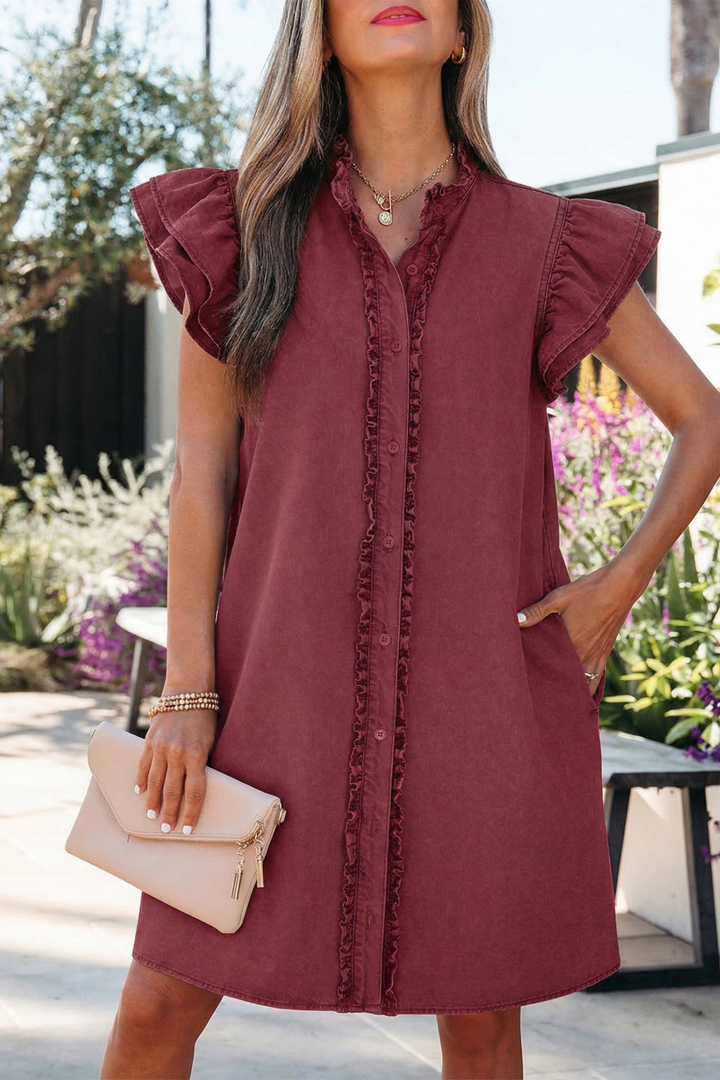 Myosotis Frilled Detail Button Down Ruffle Short Sleeve Denim Mini Dress